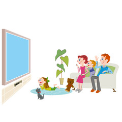 リビングのソファーに座ってテレビを見ている家族