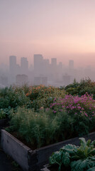 Fototapeta premium Rooftop garden with lush plants overlooks hazy cityscape at sunrise