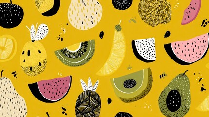 summer abstract fruit seamless pattern yellow background
