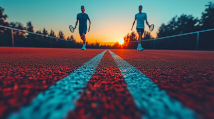 Two male tennis players running on a vibrant red court during sunset, with a beautiful orange sky and silhouettes of trees in the background, showcasing athleticism and competition