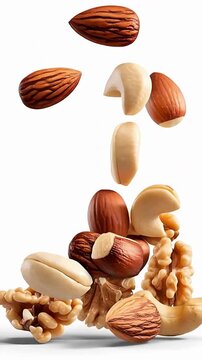 Mixed Nuts Falling in Slow Motion on White Background