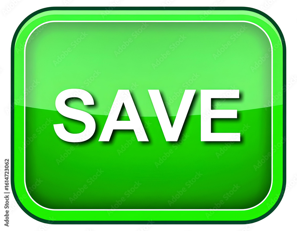 Poster flat green save button with rounded corners and bold label, web and app ui component png
