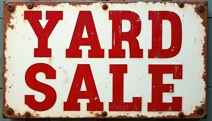Fototapeta premium Rustic yard sale sign features bold red stencil letters on weathered cream background. Grungy, aged texture with metal frame shows DIY charm, perfect for promoting flea markets, home decor,