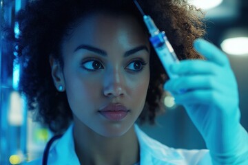 Data processing in healthcare featuring biracial female doctor preparing syringe, data processing over biracial female doctor with vaccine
