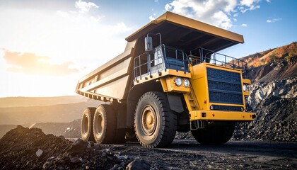 A colossal yellow mining dumper truck stands ready for work in a vast open-pit quarry against a bright sun.