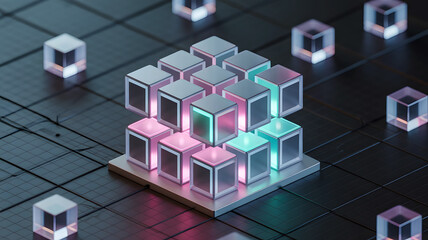 Abstract 3d rendering of glowing cube data servers arranged in a larger cube formation on a circuit board