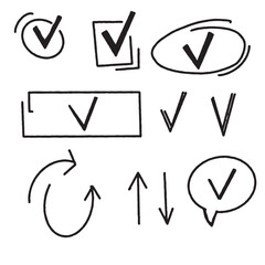 Hand-Drawn Check Mark and Arrow Set for Positive Confirmation. black and white vector check mark and arrow