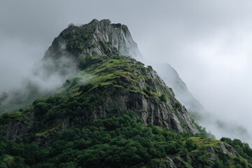 Misty mountain peak, verdant slopes shrouded in fog
