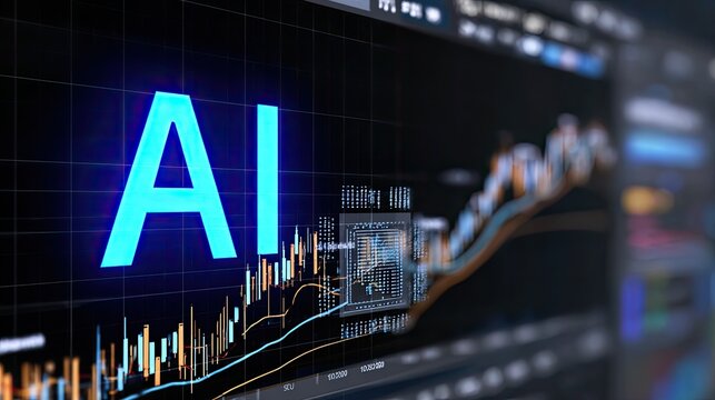 AI in Financials: A vibrant depiction of the future of finance, where the integration of AI, shaping a digital world of data, charts and complex technical systems.