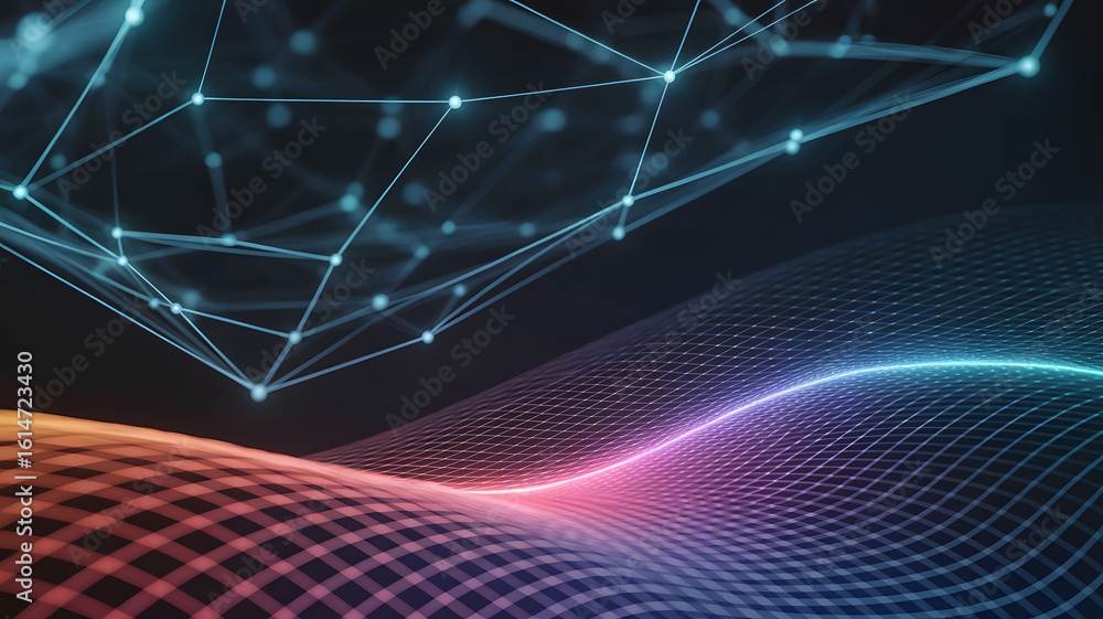 Poster abstract digital network connecting glowing nodes and vibrant data streams in a futuristic cyberspac
