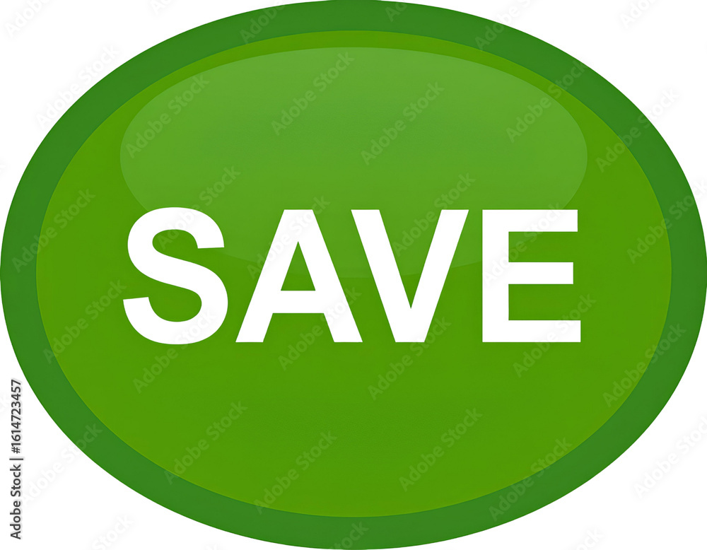Poster modern green save button with bold white text, ui/ux interface element isolated on white background.
