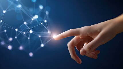 Hand Touching Digital Universe: A human hand delicately interacts with a radiant, interconnected digital sphere, symbolizing the seamless fusion of human and technological innovation.