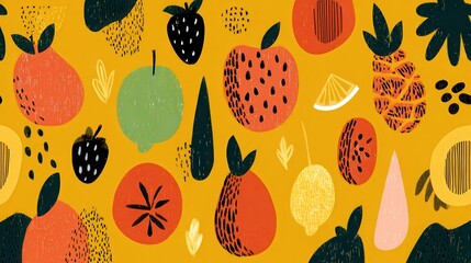 summer abstract fruit seamless pattern yellow background
