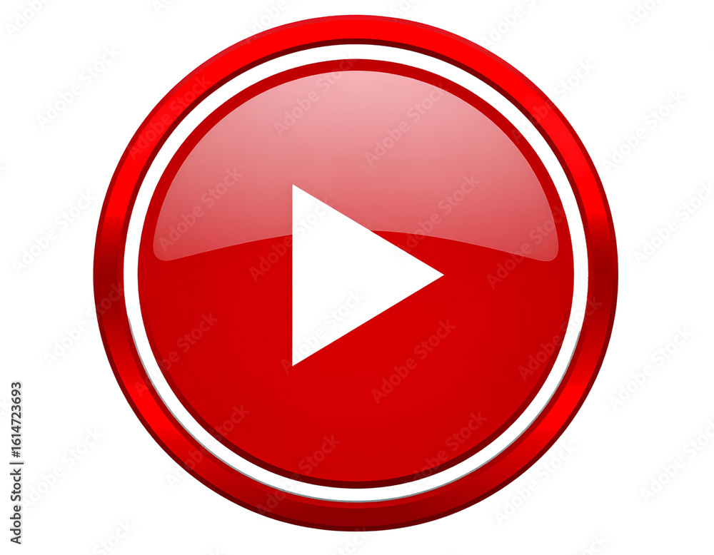 Poster red play button with white triangle icon, isolated on transparent background png