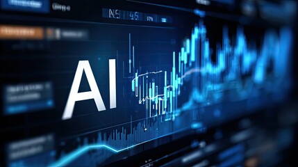 AI and Data: A futuristic vision of AI prominently displayed on a screen amidst dynamic data charts and graphs, symbolizing innovation, technology, and the power of data analysis. 