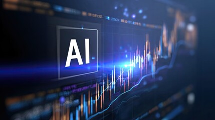 AI Intelligence Analysis: An advanced, stylized depiction of the powerful AI within the digital world, analyzing a financial market data.