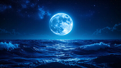 Mystical blue moonlight reflecting on the dark waves of the ocean under a starry night sky.