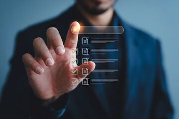 Man s hand touching a digital interface with a checklist or list of options