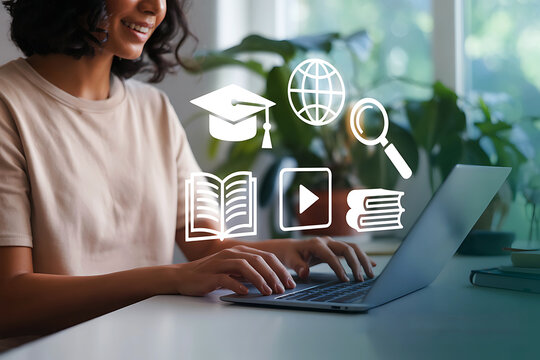 Woman learning online with educational icons overlayed on her laptop screen