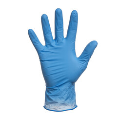 Obraz premium A single blue nitrile medical glove with fingers spread open showcasing its protective material and texture isolated on transparent background