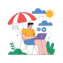 Man working on laptop under umbrella with sun clouds and gears in outdoor beach setting scene depicted