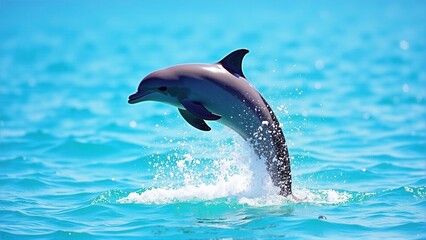 Obraz premium A playful dolphin leaps from the turquoise water creating a splash in bright sunlight.