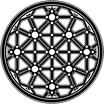 Geometric Pattern in Black and White with Circular Symmetry and Floral Accents