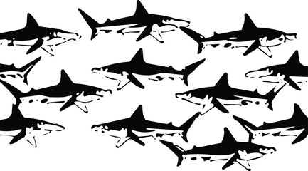 Minimal black and white hammerhead shark pattern illustration, underwater marine life design, vector ocean predator art, seamless wildlife background for aquatic themes and projects