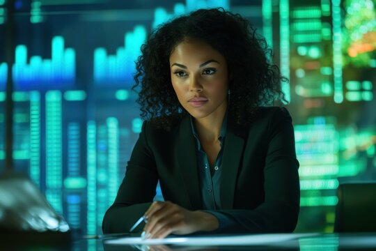 Financial data analysis conducted by a biracial businesswoman in a modern office setting, financial data processing over biracial businesswoman in office - Powered by Adobe