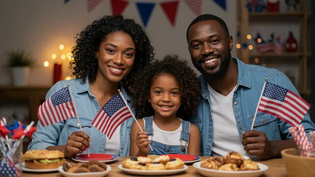 A happy african american family smiles brightly, holding american flags during a festive fourth of july celebration