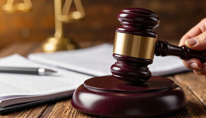 Judge slamming gavel in courtroom, authority and justice