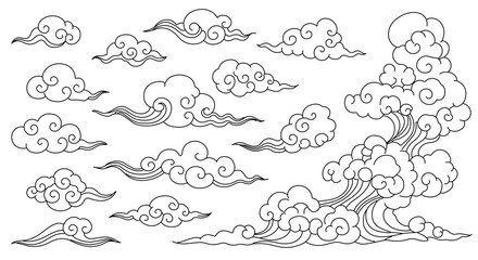 Chinese cloud vector elements set. Linear clip art oriental Japanese, Thai, Tibetan, Korean style clouds. Editable stroke. Vector illustration