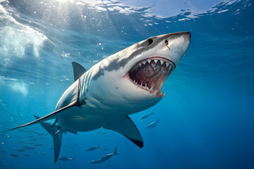 Great White Shark in Deep Blue Ocean – Powerful Marine Predator in Natural Habitat.