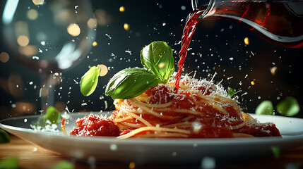 Spaghetti with Tomato Sauce, Basil, and Red Wine Pouring in Elegant Setting