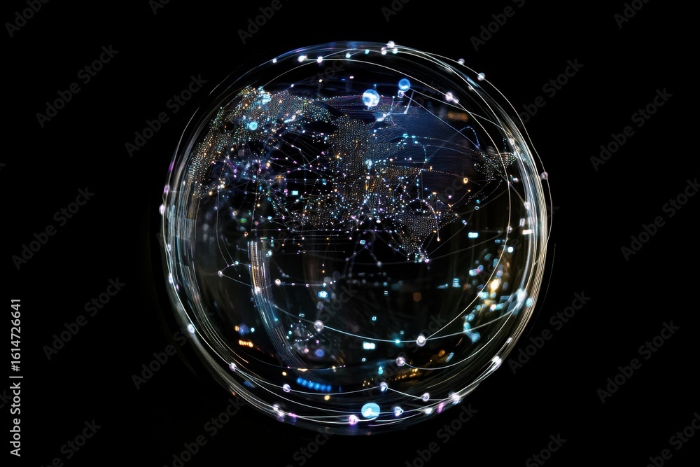Poster visualization of a globe depicting global data processing and network connections in a digital envir