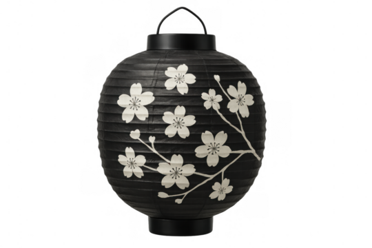 Black japanese paper lantern with cherry blossom decoration hanging on transparent background