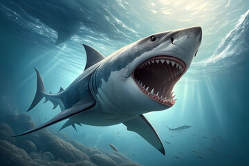 Great White Shark in Deep Blue Ocean &ndash; Powerful Marine Predator in Natural Habitat.