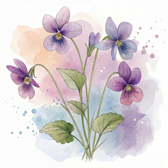 Violet flowers bloom gracefully in springtime watercolor artwork showcasing delicate beauty
