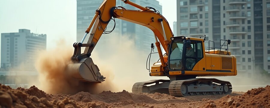 Yellow excavator digs into earth on construction site. Gray crane stands tall in background, ready to lift heavy loads. Cityscape surrounds site with buildings of varying heights and designs.
