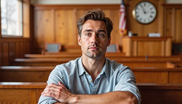 Anxious young man sitting alone in courtroom, legal uncertainty