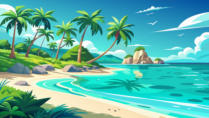 Obraz premium Crystal-clear turquoise waters gently lap against white sandy shores on a tropical island, with palm trees swaying in the breeze