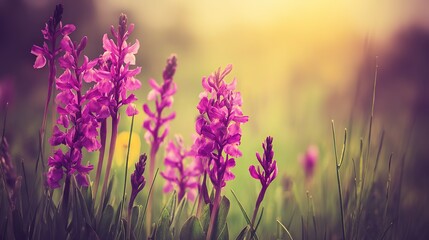 Naklejka premium Serene spring meadow with blooming flowers bathed in morning light, creating a peaceful natural setting.