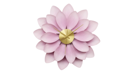 A pink flowershaped clock with gold hands isolated on white isolated on transparent background