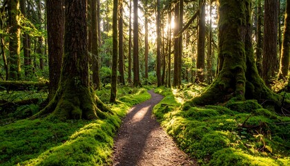 Sunlight path through mossy forest