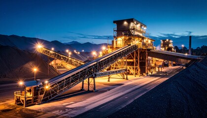 A large mining operation with illuminated conveyor belts and processing plant working at dusk against a mountain backdrop.