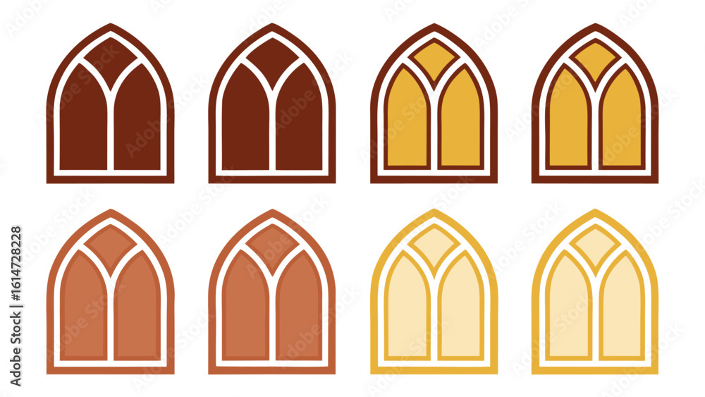 Poster eight gothic window frames in brown and yellow color variations architectural element