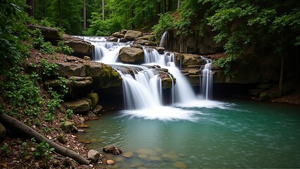 A peaceful waterfall cascades over mossy rocks into a serene pool, surrounded by lush greenery.