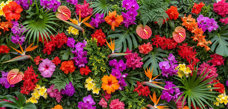 Bold botanical mix featuring birds of paradise, hibiscus, orchids, and anthuriums intertwined with jungle leaves for a lush tropical display.