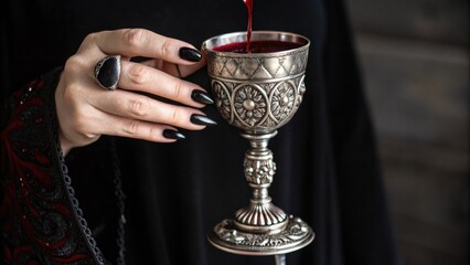 Elegant hand pouring dark red liquid into ornate silver chalice with gothic ring.