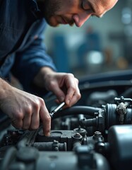 Skilled mechanic uses wrench for car engine repair in auto workshop. Technician performs maintenance task on vehicle machinery. Focus on hands, tools, and automotive expertise in garage.